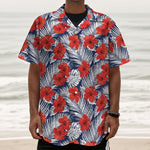Red Hibiscus Tropical Pattern Print Textured Short Sleeve Shirt