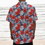 Red Hibiscus Tropical Pattern Print Textured Short Sleeve Shirt
