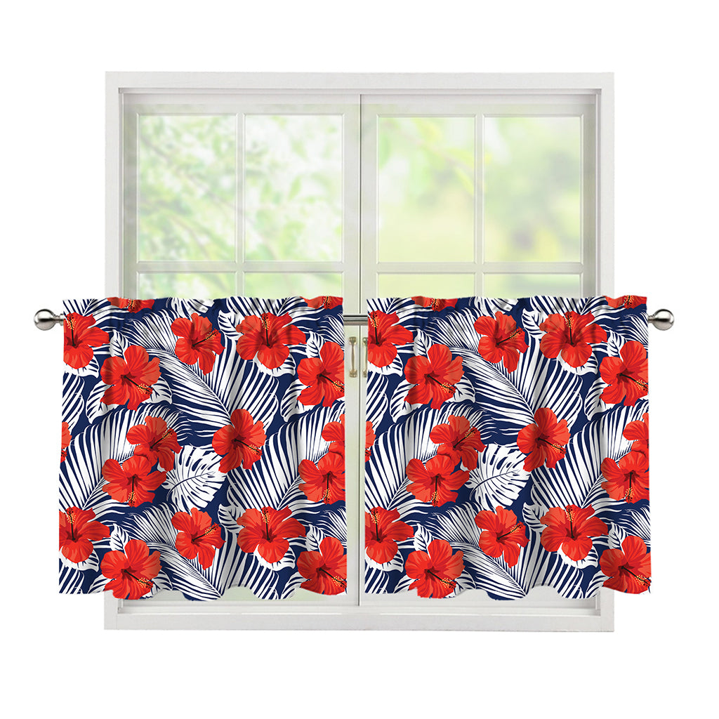 Red Hibiscus Tropical Pattern Print Tier Curtains