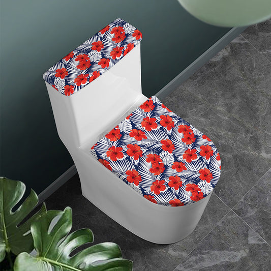 Red Hibiscus Tropical Pattern Print Toilet Lid And Tank Cover Set