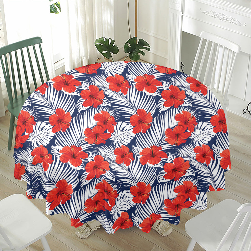 Red Hibiscus Tropical Pattern Print Waterproof Round Tablecloth