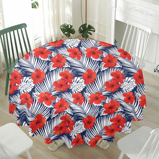 Red Hibiscus Tropical Pattern Print Waterproof Round Tablecloth