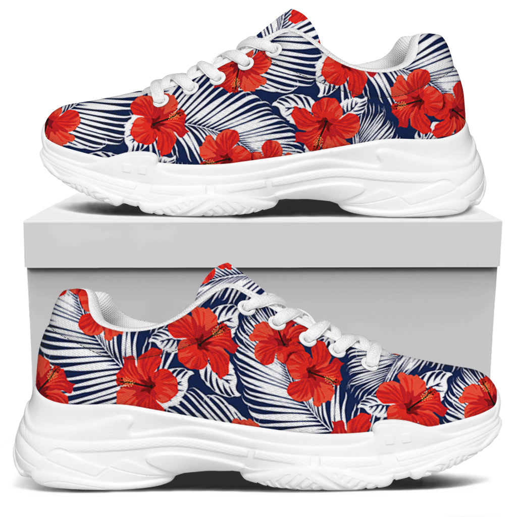Red Hibiscus Tropical Pattern Print White Chunky Shoes