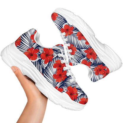 Red Hibiscus Tropical Pattern Print White Chunky Shoes