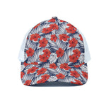 Red Hibiscus Tropical Pattern Print White Mesh Trucker Cap