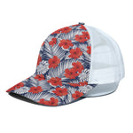 Red Hibiscus Tropical Pattern Print White Mesh Trucker Cap