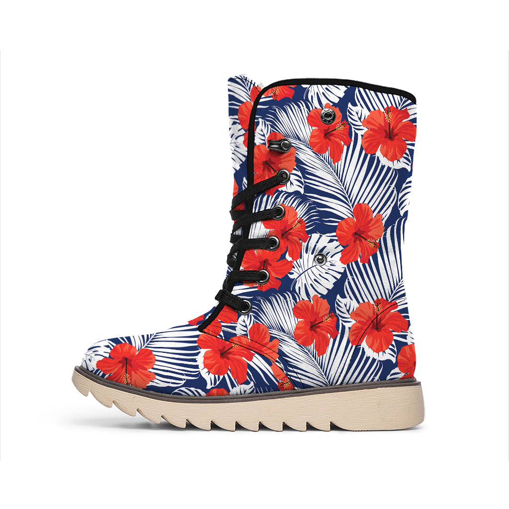 Red Hibiscus Tropical Pattern Print Winter Boots