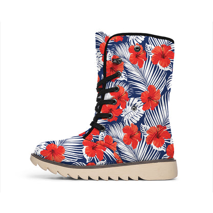 Red Hibiscus Tropical Pattern Print Winter Boots