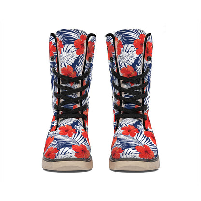 Red Hibiscus Tropical Pattern Print Winter Boots