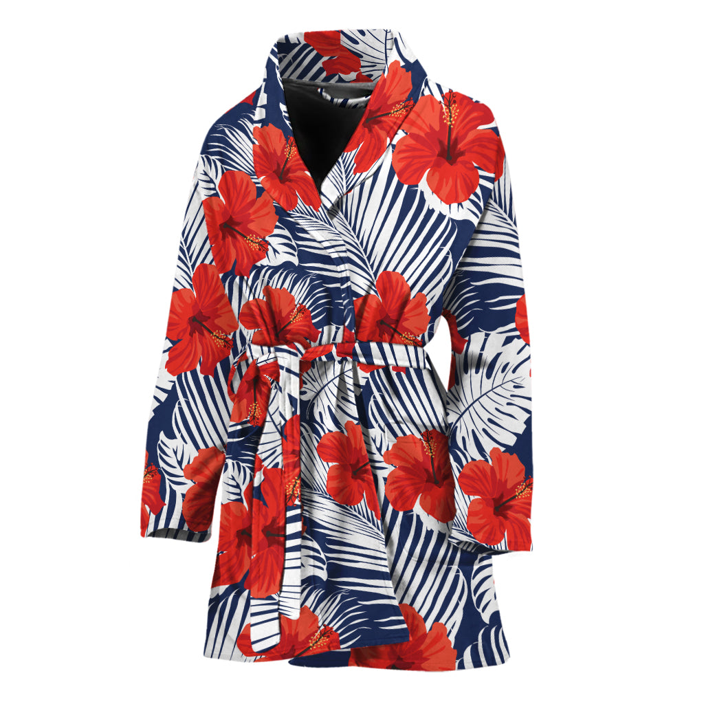 Red Hibiscus Tropical Pattern Print Women's Bathrobe