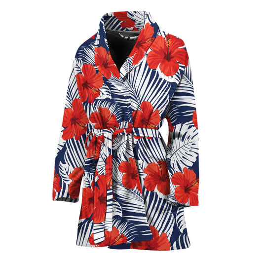 Red Hibiscus Tropical Pattern Print Women's Bathrobe