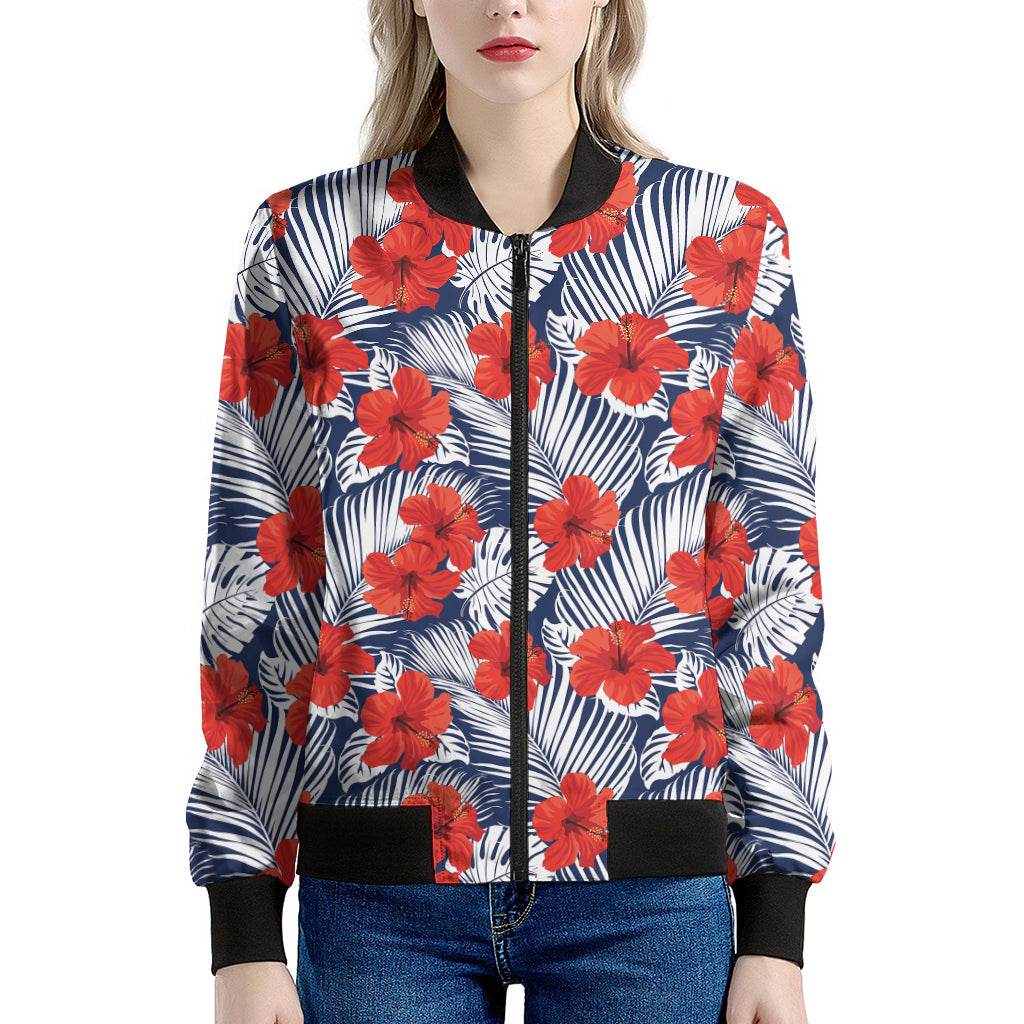 Red Hibiscus Tropical Pattern Print Women's Bomber Jacket