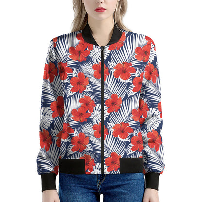 Red Hibiscus Tropical Pattern Print Women's Bomber Jacket