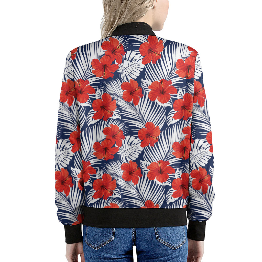 Red Hibiscus Tropical Pattern Print Women's Bomber Jacket