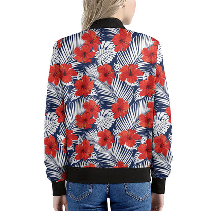 Red Hibiscus Tropical Pattern Print Women's Bomber Jacket