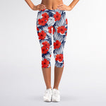 Red Hibiscus Tropical Pattern Print Women's Capri Leggings
