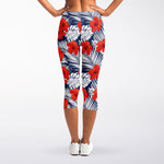 Red Hibiscus Tropical Pattern Print Women's Capri Leggings