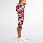 Red Hibiscus Tropical Pattern Print Women's Capri Leggings
