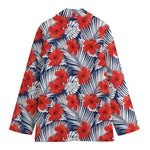Red Hibiscus Tropical Pattern Print Women's Cotton Blazer