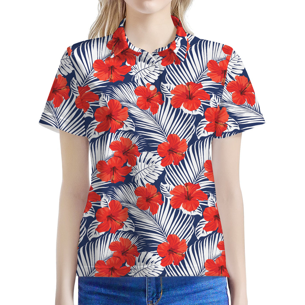 Red Hibiscus Tropical Pattern Print Women's Polo Shirt
