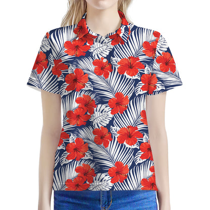 Red Hibiscus Tropical Pattern Print Women's Polo Shirt