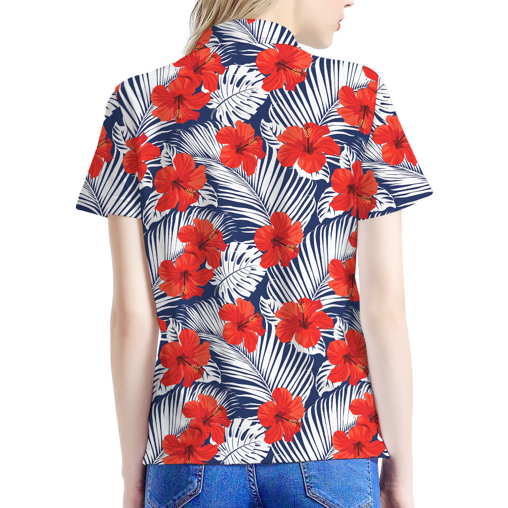 Red Hibiscus Tropical Pattern Print Women's Polo Shirt