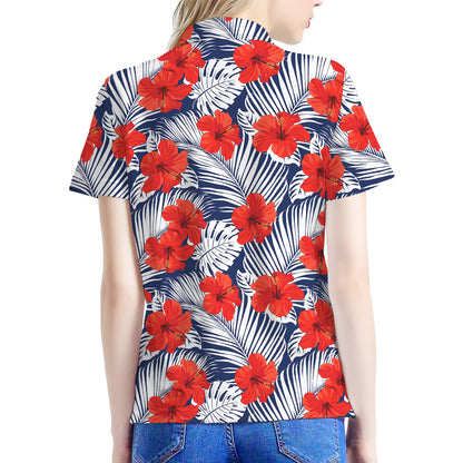 Red Hibiscus Tropical Pattern Print Women's Polo Shirt