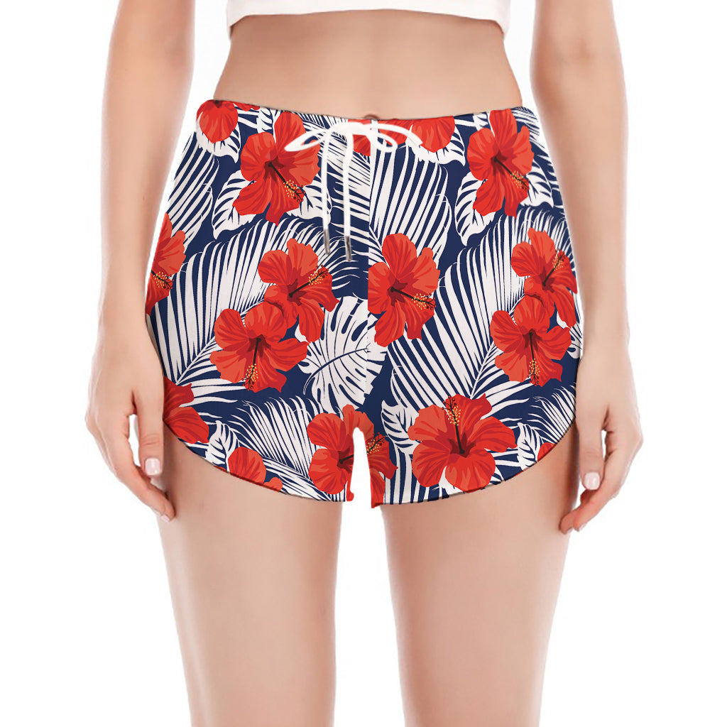 Red Hibiscus Tropical Pattern Print Women's Split Running Shorts
