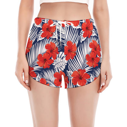 Red Hibiscus Tropical Pattern Print Women's Split Running Shorts