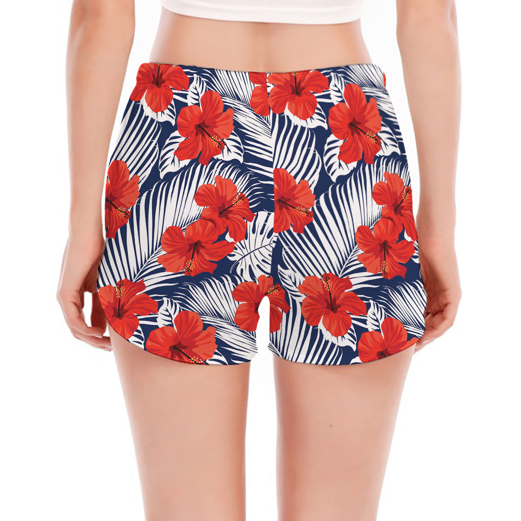 Red Hibiscus Tropical Pattern Print Women's Split Running Shorts