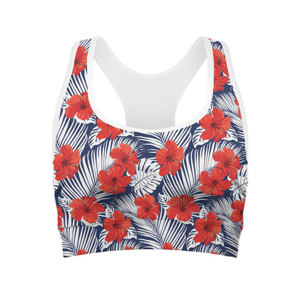 Red Hibiscus Tropical Pattern Print Women's Sports Bra