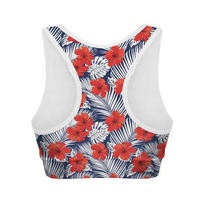 Red Hibiscus Tropical Pattern Print Women's Sports Bra