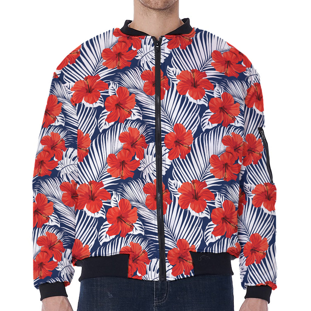 Red Hibiscus Tropical Pattern Print Zip Sleeve Bomber Jacket