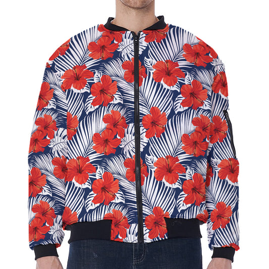 Red Hibiscus Tropical Pattern Print Zip Sleeve Bomber Jacket