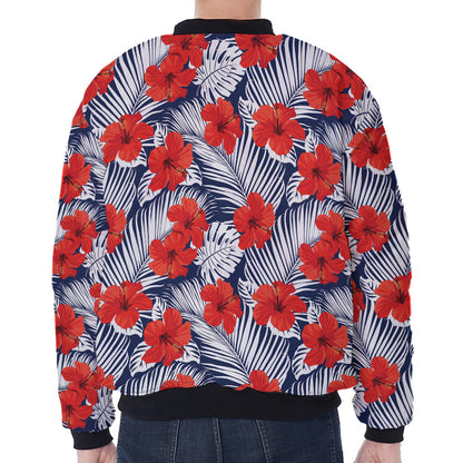 Red Hibiscus Tropical Pattern Print Zip Sleeve Bomber Jacket