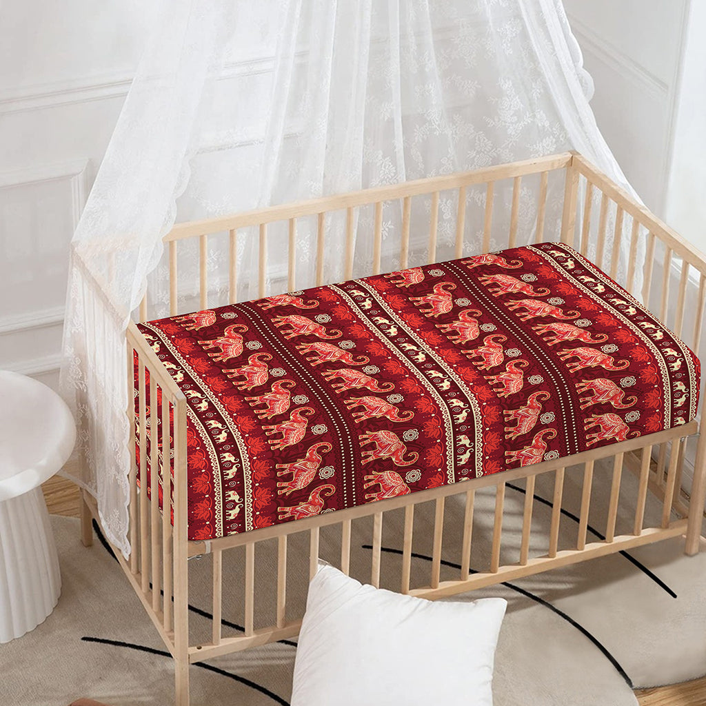 Red Indian Elephant Pattern Print Baby Crib Sheet