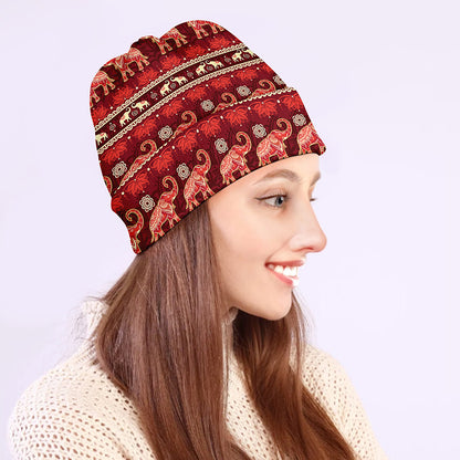 Red Indian Elephant Pattern Print Beanie