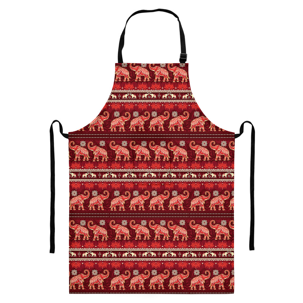 Red Indian Elephant Pattern Print Bib Apron With Pocket