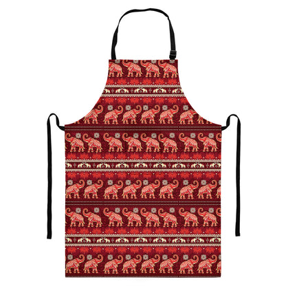 Red Indian Elephant Pattern Print Bib Apron With Pocket