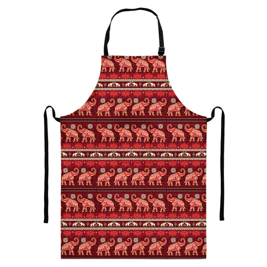 Red Indian Elephant Pattern Print Bib Apron With Pocket