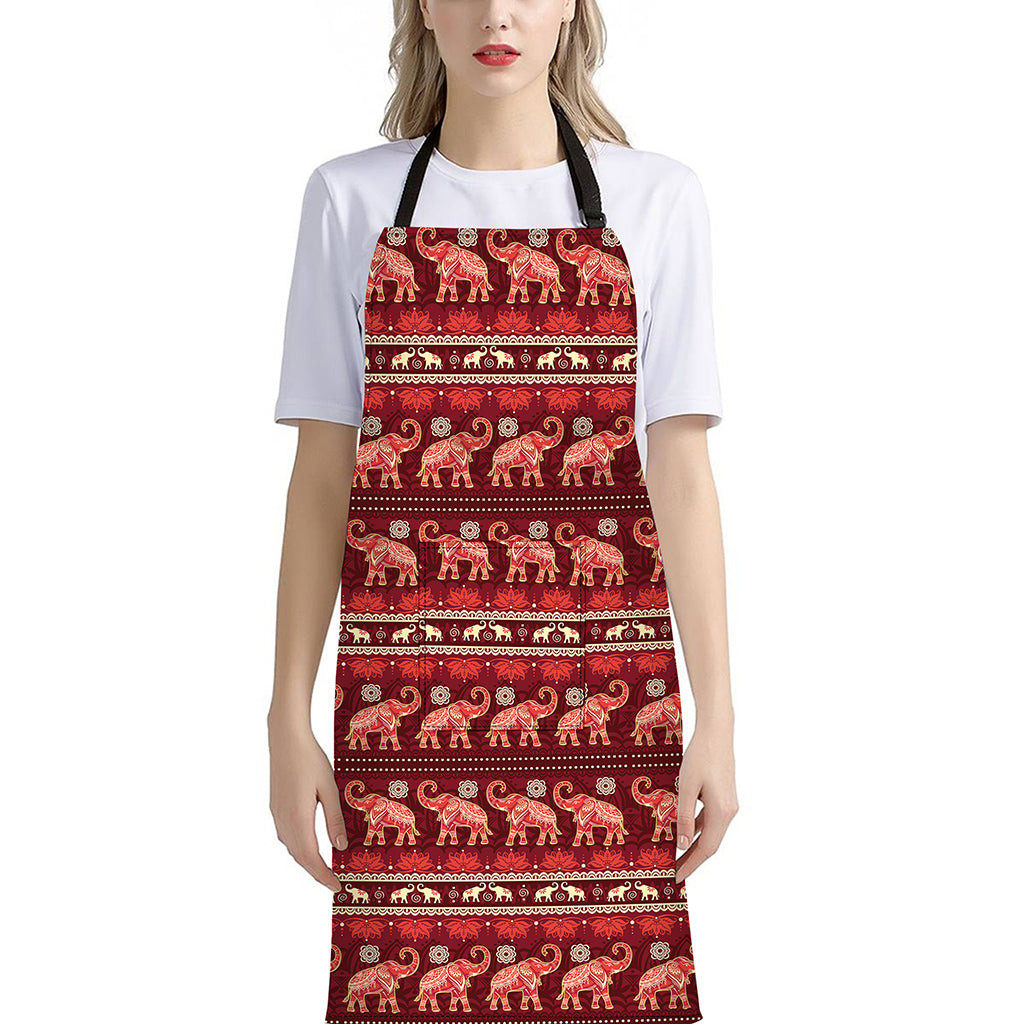 Red Indian Elephant Pattern Print Bib Apron With Pocket