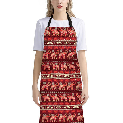 Red Indian Elephant Pattern Print Bib Apron With Pocket