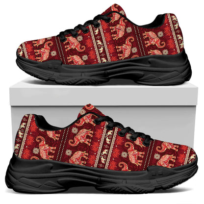 Red Indian Elephant Pattern Print Black Chunky Shoes