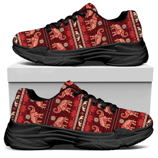 Red Indian Elephant Pattern Print Black Chunky Shoes