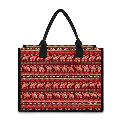 Red Indian Elephant Pattern Print Canvas Tote Bag