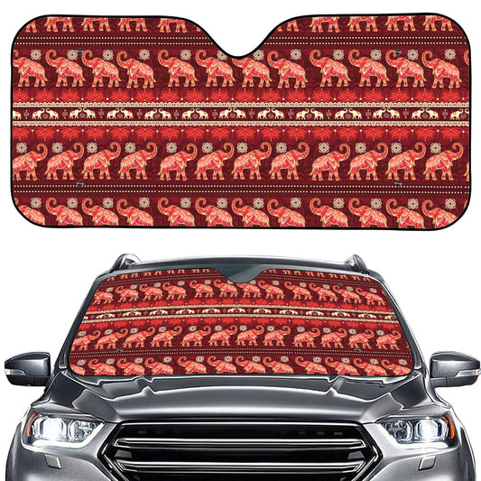 Red Indian Elephant Pattern Print Car Windshield Sun Shade