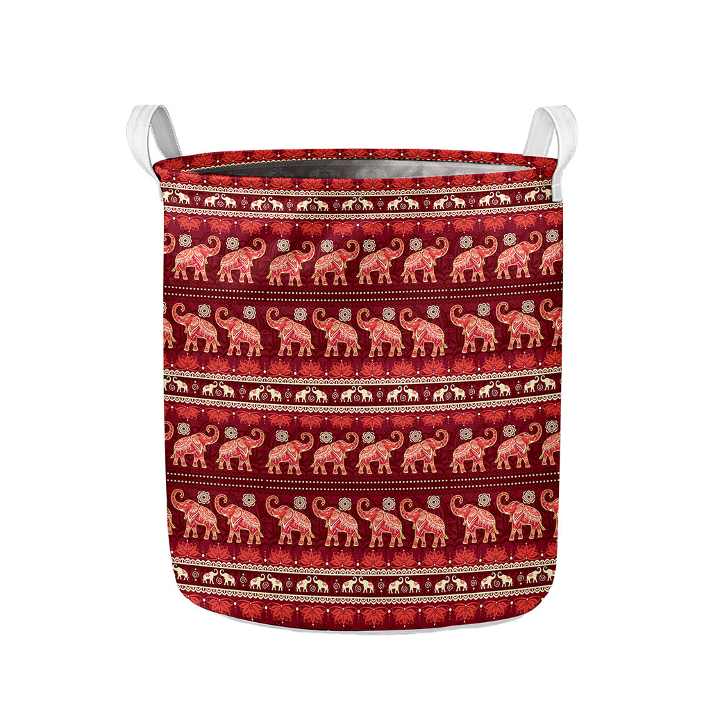Red Indian Elephant Pattern Print Collapsible Laundry Basket