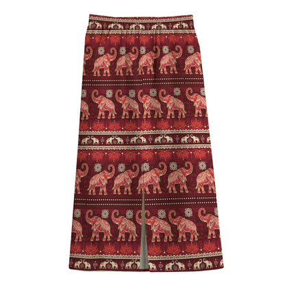 Red Indian Elephant Pattern Print Cotton Front Slit Maxi Skirt