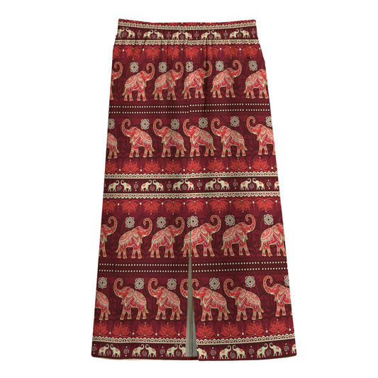 Red Indian Elephant Pattern Print Cotton Front Slit Maxi Skirt