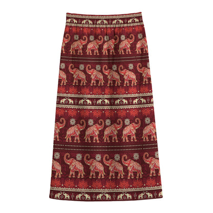 Red Indian Elephant Pattern Print Cotton Front Slit Maxi Skirt